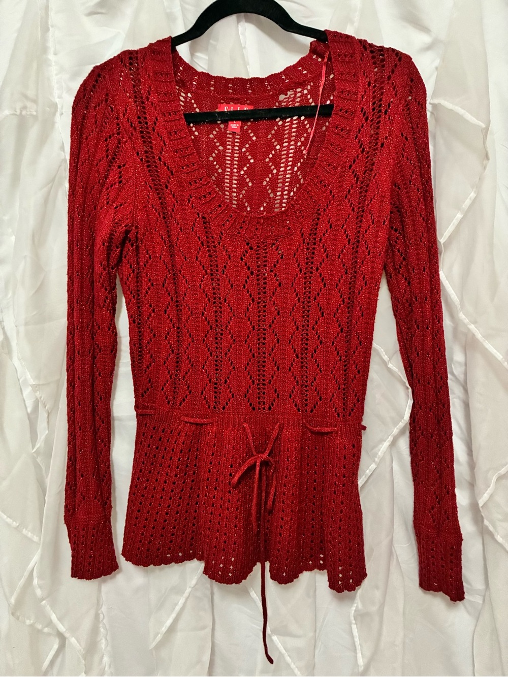 Red Sparkle Crochet Knit Scoop Neck Sweater